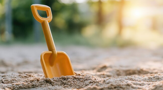 Yellow toy shovel stuck in sand with blurred natural background