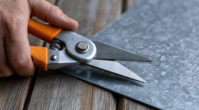 Hand cutting galvanized metal sheet with orange handle snips on wood background