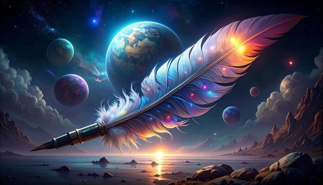 Cosmic feather quill pen in space with planets and sunset