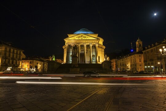 Church Gran Madre di Dio, at night, Turin, Piedmont, Italy