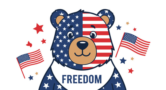 Patriotic Bear with USA Flag Face and Freedom Bandana