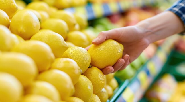 Womans hand picking fresh lemon from supermarket shelf