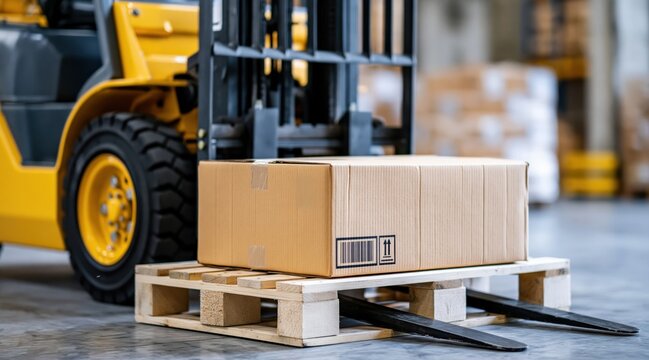 Yellow forklift lifting cardboard box on wooden pallet in industrial warehouse