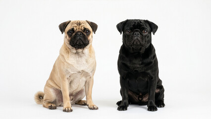 Obraz premium Fawn and Black Pug Dogs Sitting Together Side by Side on White Background, Full Body Studio Portrait