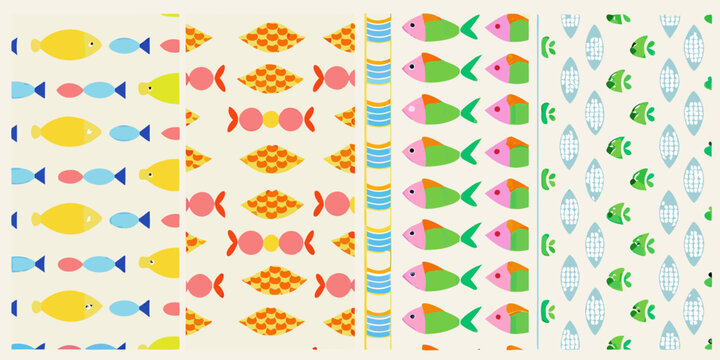 four colorful fish patterns on cream background