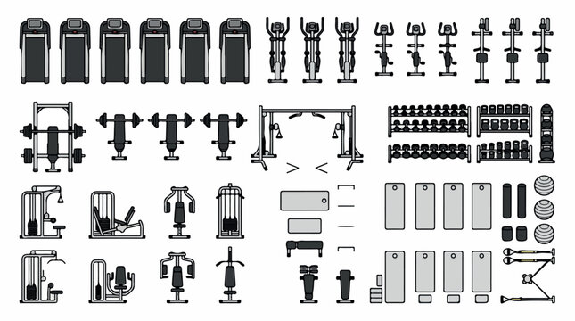 Gym equipment floor plan icons, fitness center layout vector set, top view workout machines and weightlifting gear for interior design
