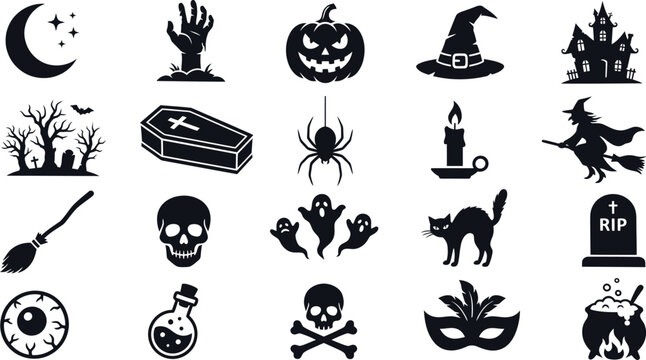 Collection of black halloween icons on white background including spooky symbols and decorations