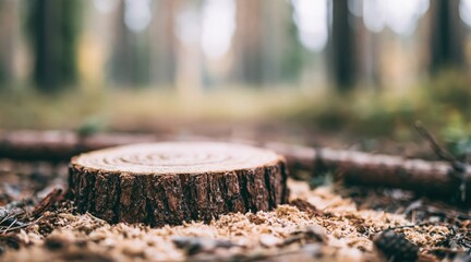 Fototapeta premium Close up of tree stump with sawdust on ground in forest