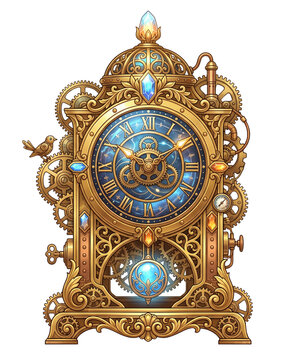 Ornate Steampunk Time Machine Clock with Golden Mechanical Gears
