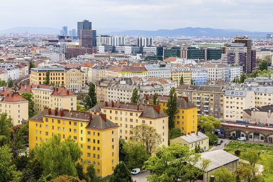 Older apartment blocks near the Prater amusement park, Vienna sky-line in the back, Vienna, Austria