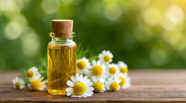 Bottle with chamomile oil and flowers on wooden table against green nature background