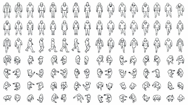 Architectural scale figures in top view and elevation, minimalist line art people silhouettes for floor plans, 100 vector human cutouts