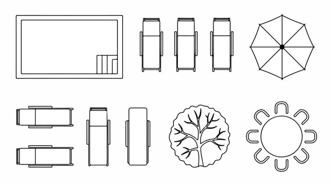 Architectural landscape symbols in top view, swimming pool and patio furniture vector set, outdoor garden floor plan icons for site design