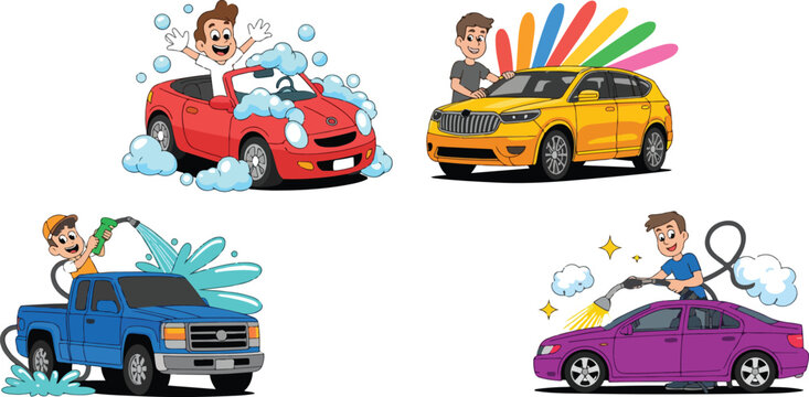 Happy man washing personal vehicle collection with foam brush spray bottle and clean car care detailing workflow graphic design clip art