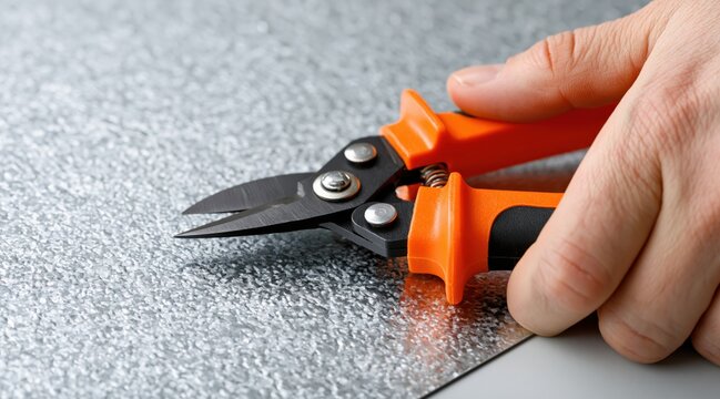 Hand holding orange metal shears on galvanized steel sheet
