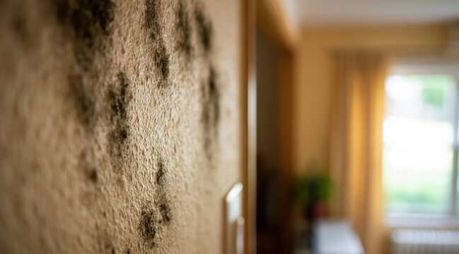 Black mold growth on textured interior wall in house