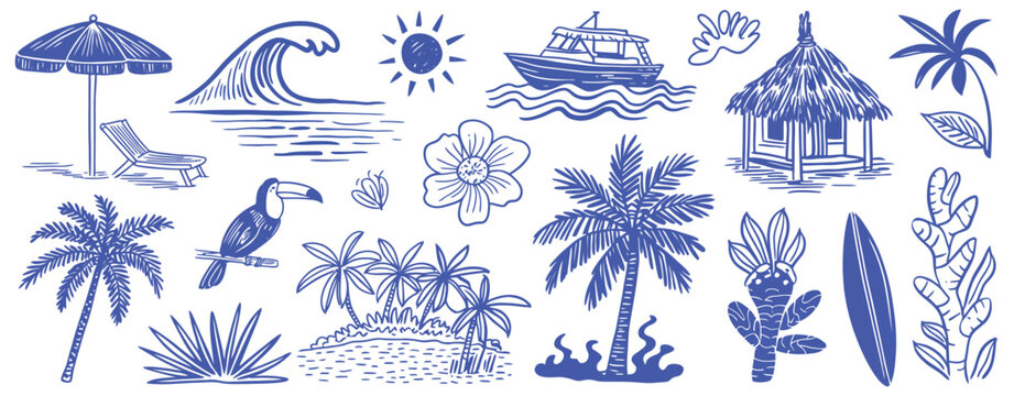 Hand Drawn Beach and Surf Doodle Vector Collection with Tropical Palm Trees, Ocean Waves and Surfboards for T Shirt and Poster Designs