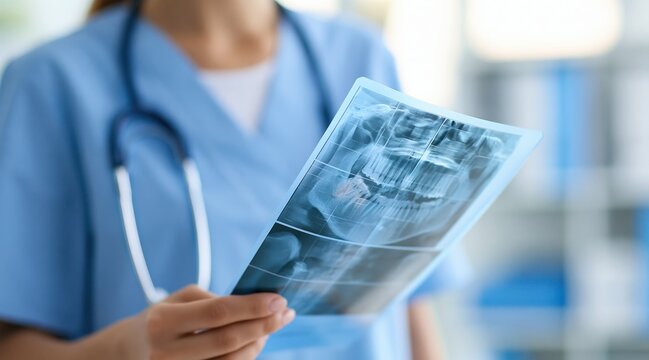 Healthcare professional holding dental panoramic x-ray scan in clinic