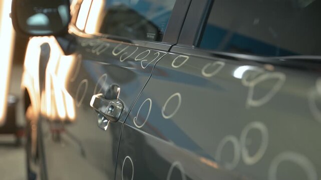 Grey Car with dent marks in to Preparing process of Repairing Hail Damage in car body shop