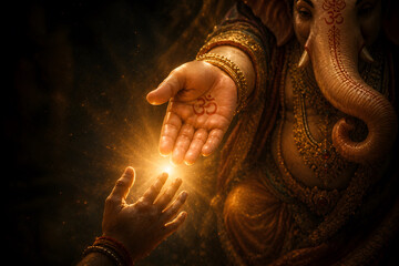 Fototapeta premium Lord Ganesha hand extending toward devotee hand reaching, divine blessing concept