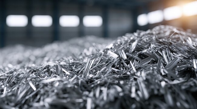 Pile of silver metallic shavings in industrial factory