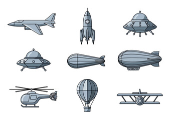Collection of Air Transport Icons: Jet, Rocket, UFO, Blimp, Helicopter, Balloon, and Biplane Vector Illustrations Isolated on White © Fauzi