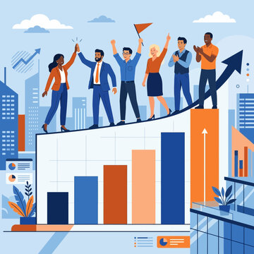 Diverse Corporate Team Celebrating Financial Growth and Success on Rising Bar Chart Illustration for Business Strategy and Teamwork Website Header