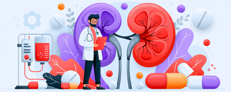 An impactful depiction of renal failure treatment, featuring dialysis and medication