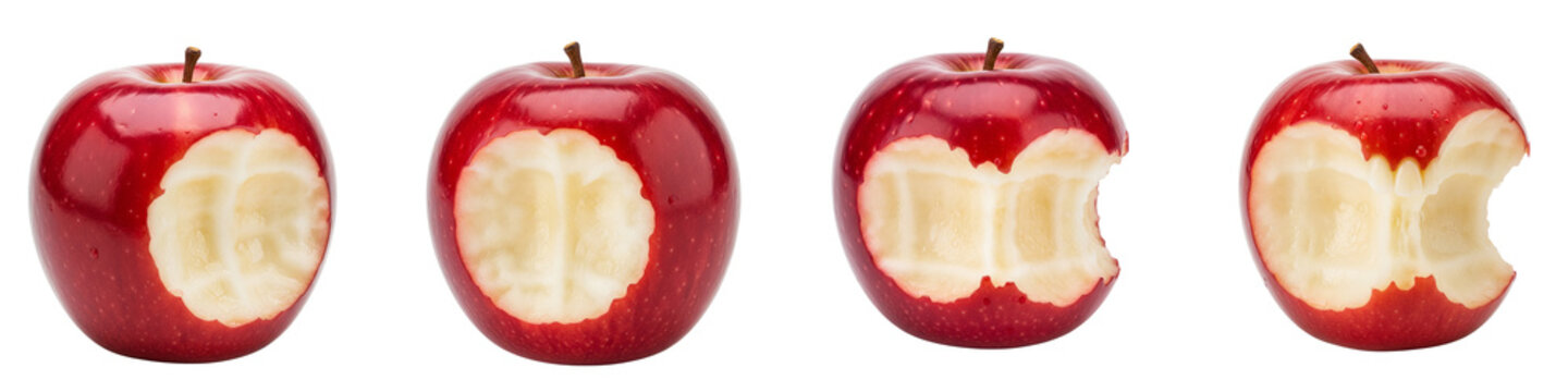 Four fresh red apples with bite marks isolated on a black background