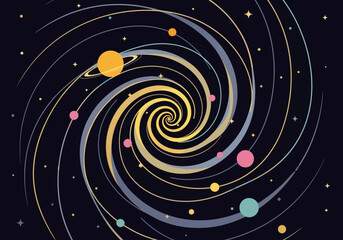 Stylized Spiral Galaxy Illustration with Planets and Stars in Flat Design, Cosmic Universe Background © Fauzi