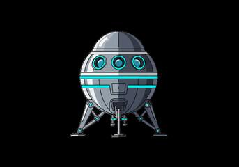 Futuristic Spherical Space Lander Illustration, Sci-Fi Lunar Landing Module with Cyan Glow on Black Background © Fauzi
