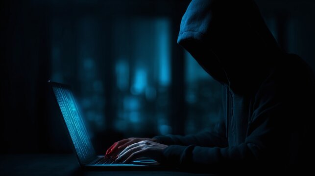 Hooded figure using laptop in darkness.
