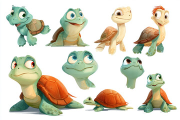 Fototapeta premium Cute and funny cartoon turtle design set