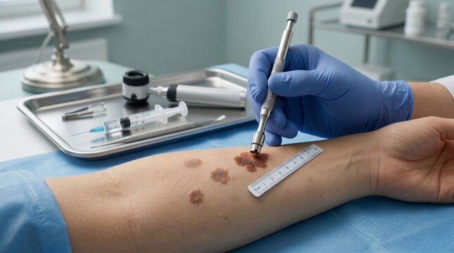 Dermatologist examines skin lesions with specialized tool and ruler for accurate assessment of moles in clinical setting