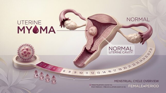 Medical illustration of uterine myoma and menstrual cycle timeline showing normal uterine cavity structure in soft pastel tones