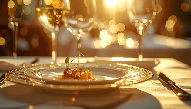 A serene table setting with a plate of food and wine glasses (2)