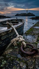 Obraz premium Old boat moored at a stone pier. A beacon of hope in the dark. Silence and solitude.