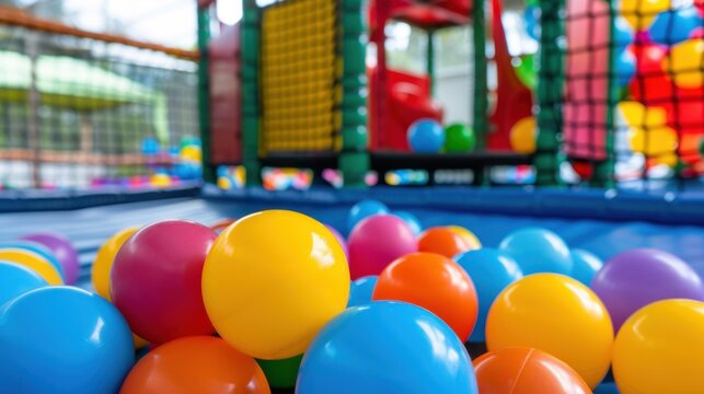 Colorful Playful Balls in Indoor Playground with Soft Flooring and Play Structures for Children Fun and Safety