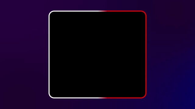Animated square frame with glowing white and red border lines on a dark blue gradient background.