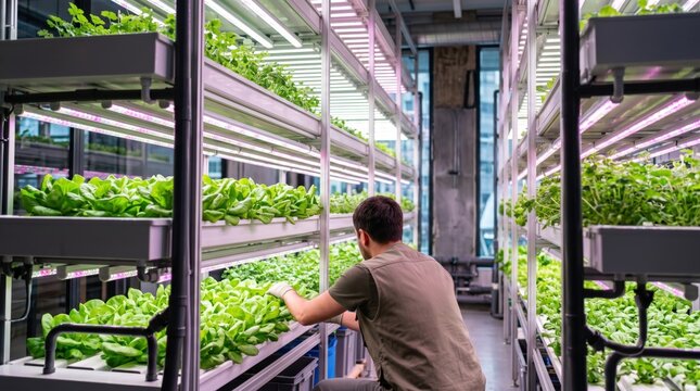 Worker tending to fresh lettuce plants growing on vertical hydroponic shelves under LED grow lights in indoor urban agriculture facility for sustainable food production and organic