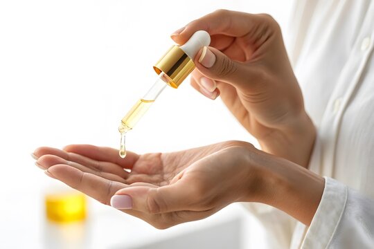 Woman applying organic face serum from glass dropper onto hand palm