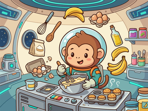 Cute chibi monkey astronaut baking banana muffins in a spaceship kitchen with floating ingredients like eggs and bananas in zero gravity space environment vector illustration.