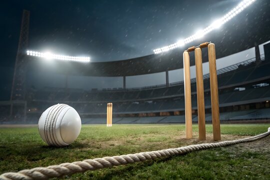 White cricket ball resting on grass field near wickets at night stadium
