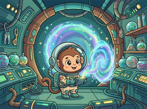 Cute chibi monkey astronaut in a futuristic spaceship lab holding a remote control to generate a glowing swirling nebula portal, cartoon vector illustration with scientific equipment.