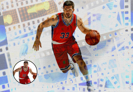 Artistic Exposure of a Male Basketball Player in Action with Film Photo Effect