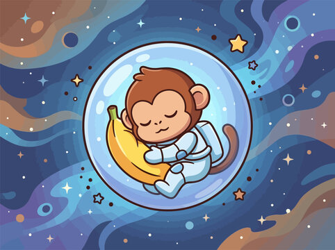 Vector illustration of a cute chibi monkey astronaut sleeping inside a transparent bubble while hugging a yellow banana against a colorful nebula and starry space background.