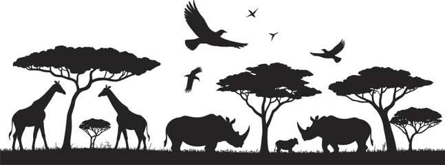 African savanna landscape with silhouettes of giraffes rhinos and birds on a white background Keywords: african, savanna, landscape, silhouette, giraffe, rhino, rhinoceros, bird © Khadabox Mrida