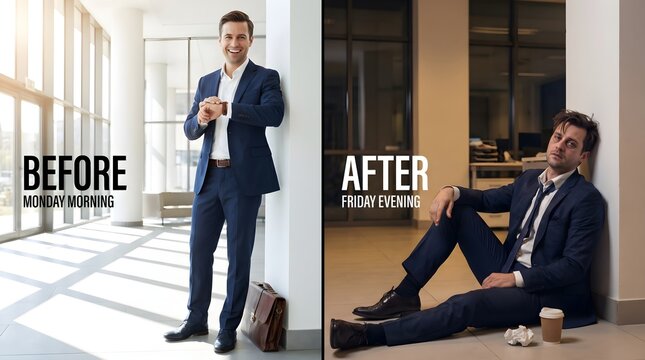 Businessman transformation from Monday morning to Friday evening in office office