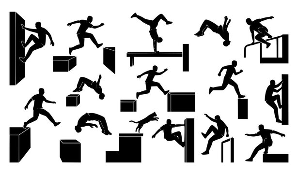 Urban parkour silhouette set of athletes performing extreme freestyle jumps and wall runs isolated vector design on white background