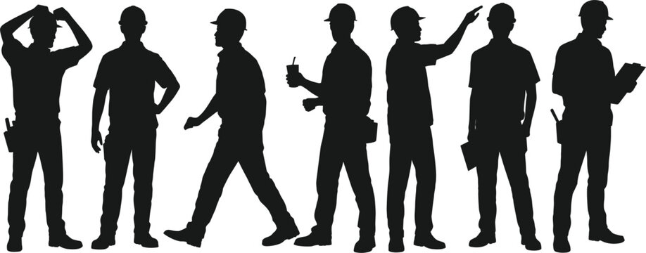 Silhouettes of Construction Workers in Different Poses on White Background Keywords: silhouette, construction worker, builder, man, men, workers, industrial, hard hat, safety helmet